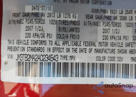 2010 Mazda Cx-9 Grand Touring z USA, uszkodzony, nr VIN JM3TB2MA2A0234543